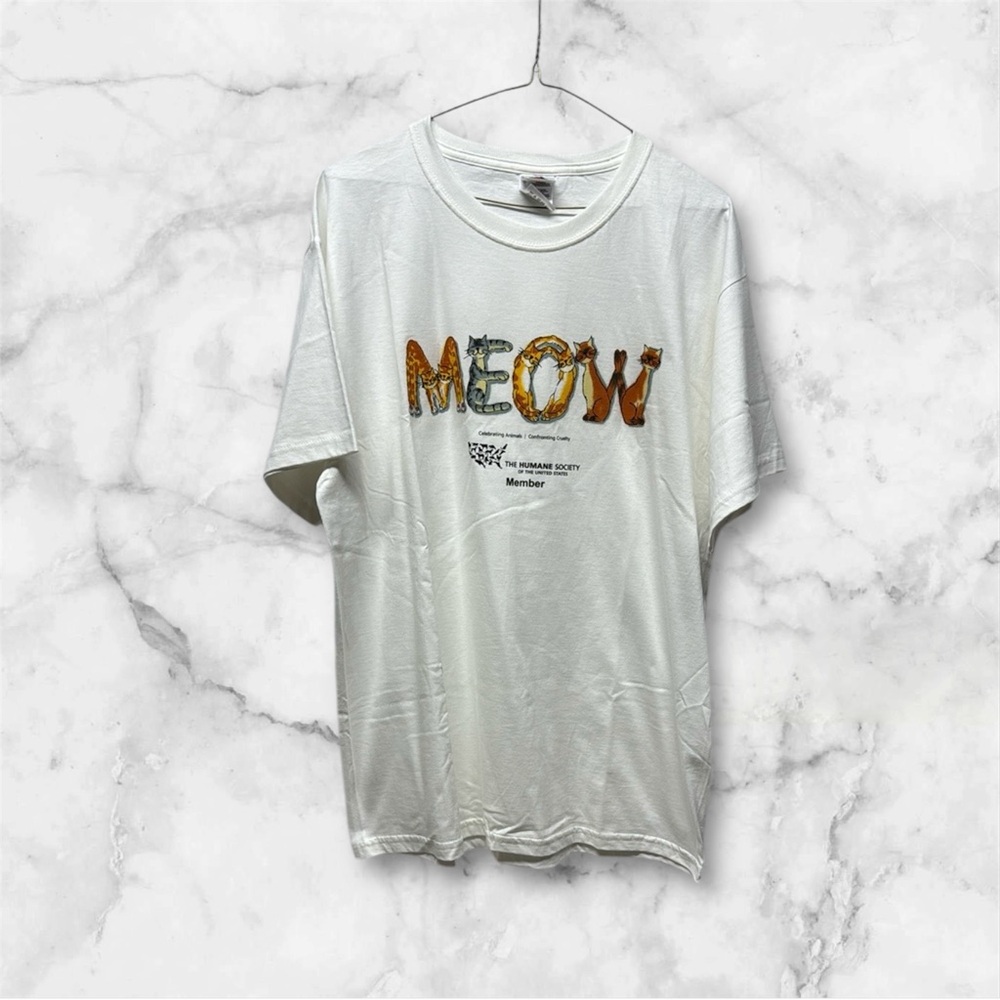 'Meow' Cat T-Shirt the humane society member- White sz large